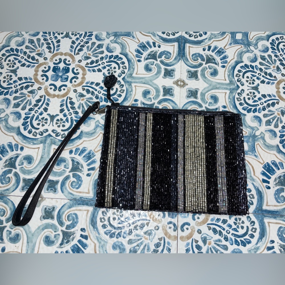 Beaded Wristlet Black, Silver, Gold Vintage Amanda Smith